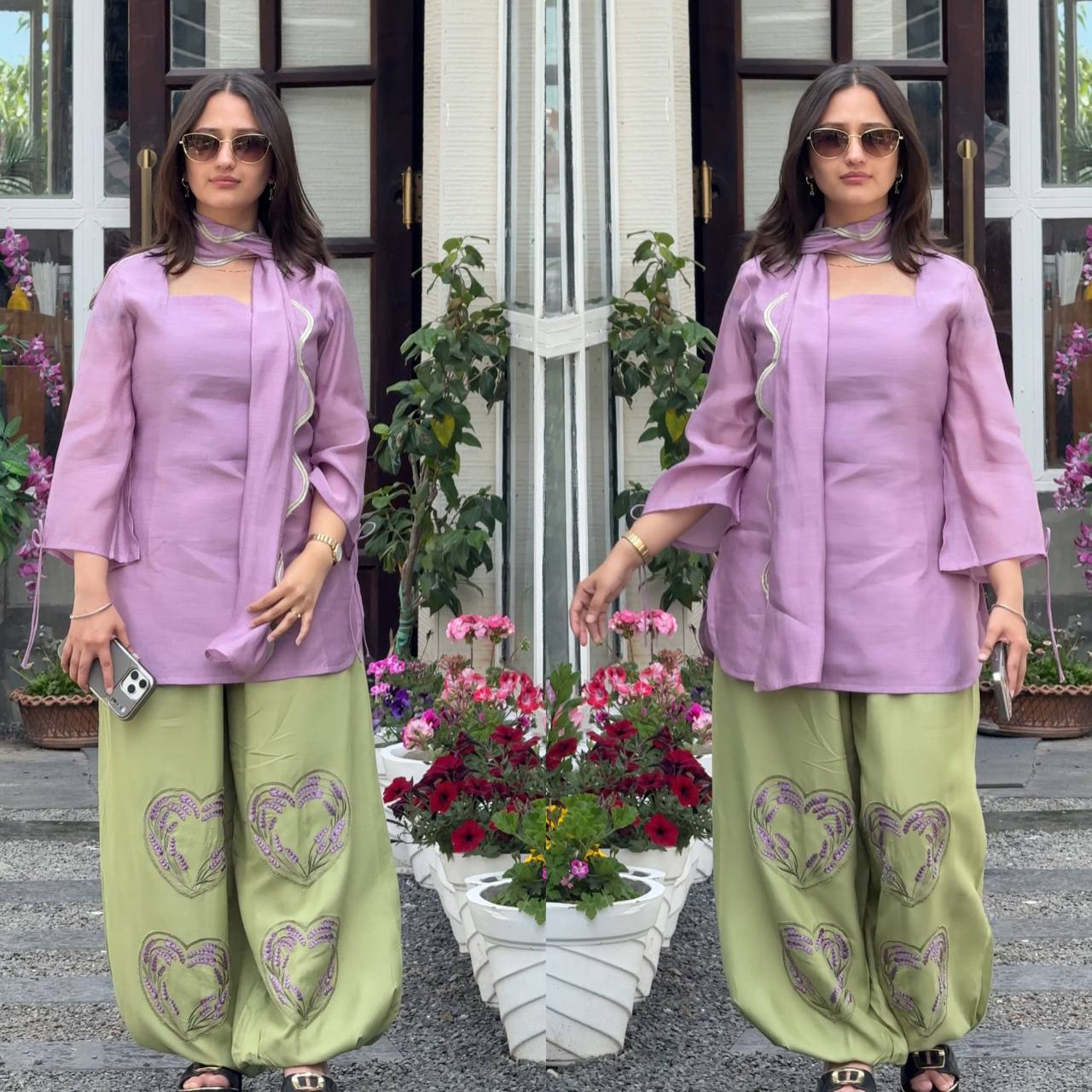 Stylish Contrast Purple Top  Green Bottoms