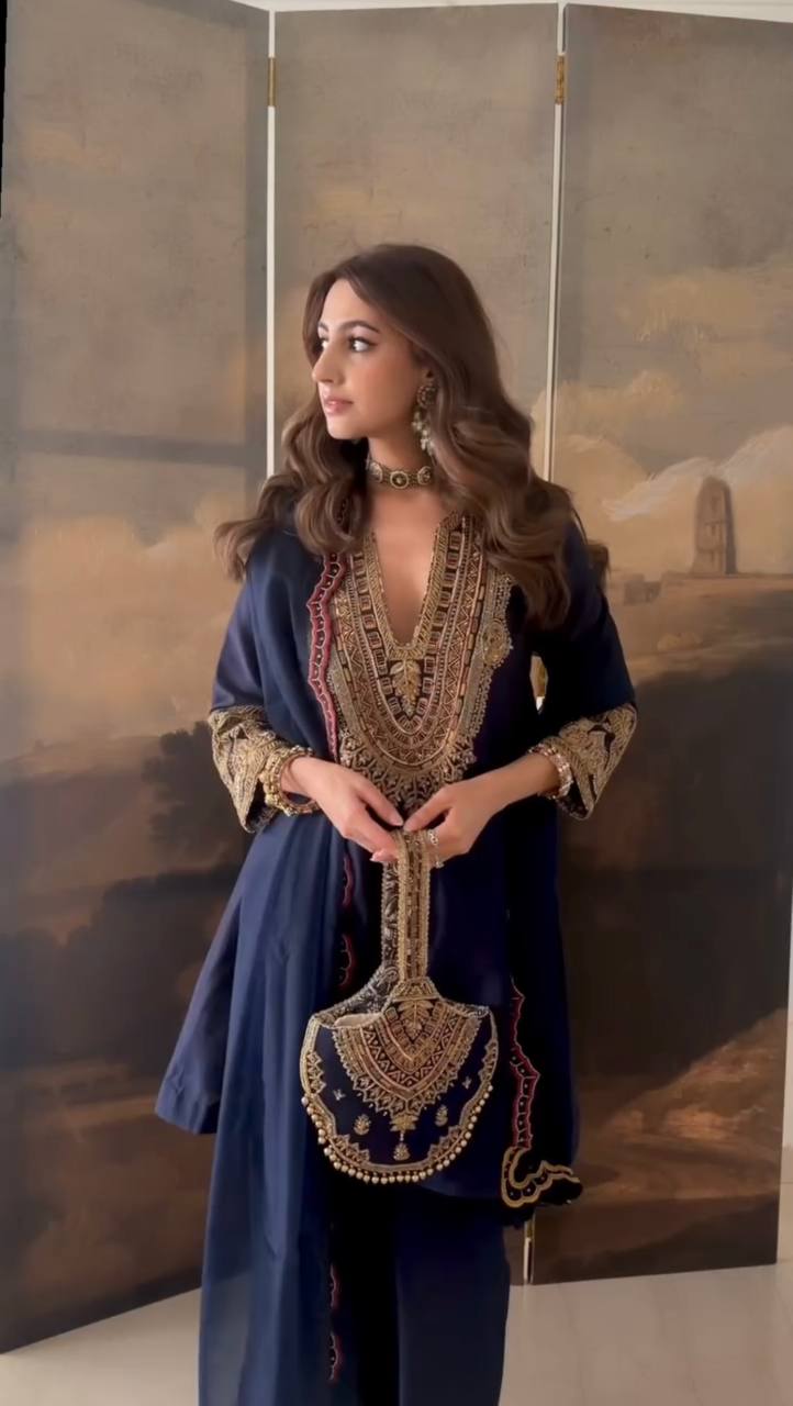 Timeless Grace Blue Gold Embroidery Ensemble