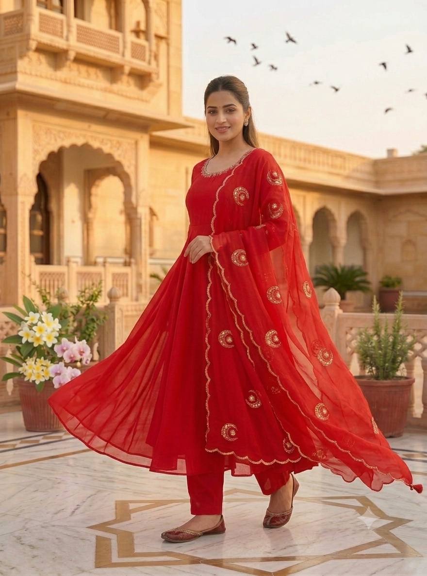 Crimson Charm Stunning Embroidered Georgette Ensemble
