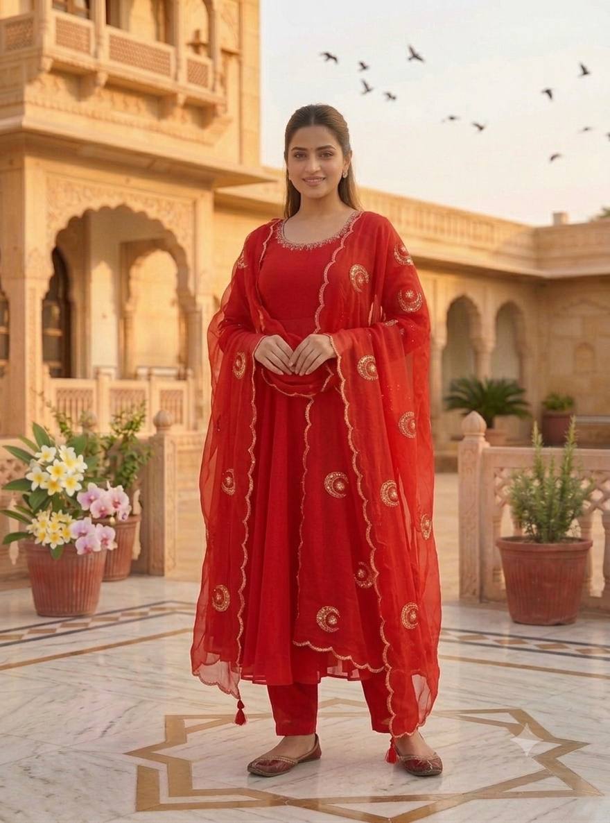 Crimson Charm Stunning Embroidered Georgette Ensemble