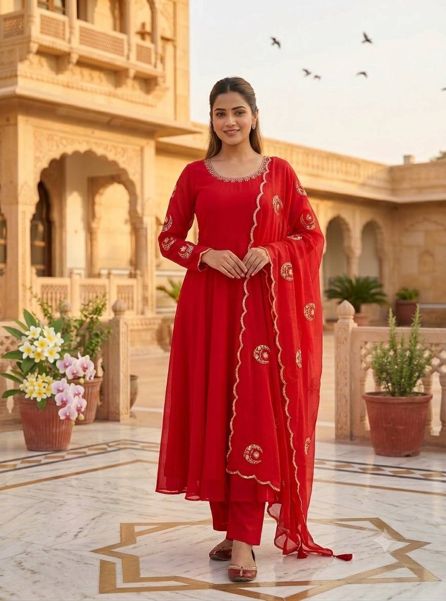 Crimson Charm Stunning Embroidered Georgette Ensemble