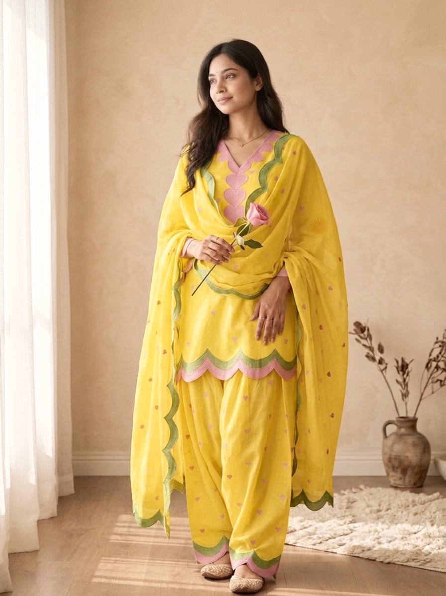 Lvory Pink Heart Work Suit with Dupatta Set