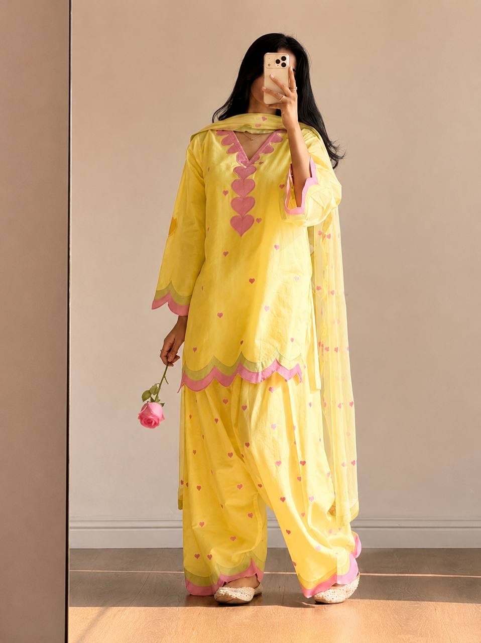 Lvory Pink Heart Work Suit with Dupatta Set