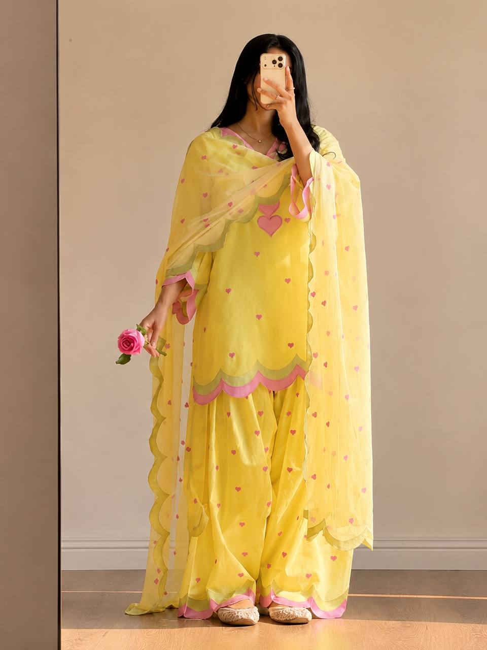 Lvory Pink Heart Work Suit with Dupatta Set