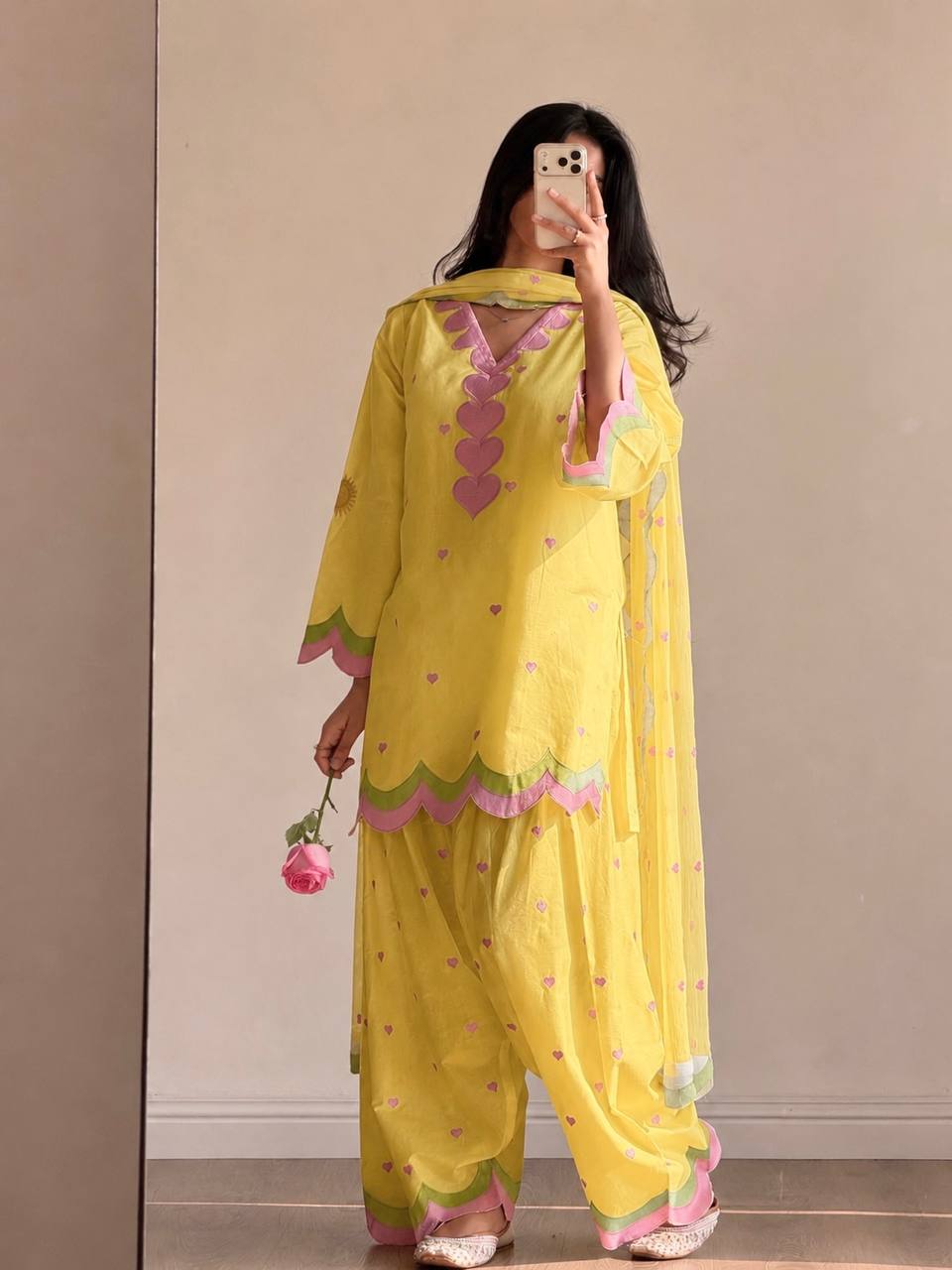 Lvory Pink Heart Work Suit with Dupatta Set