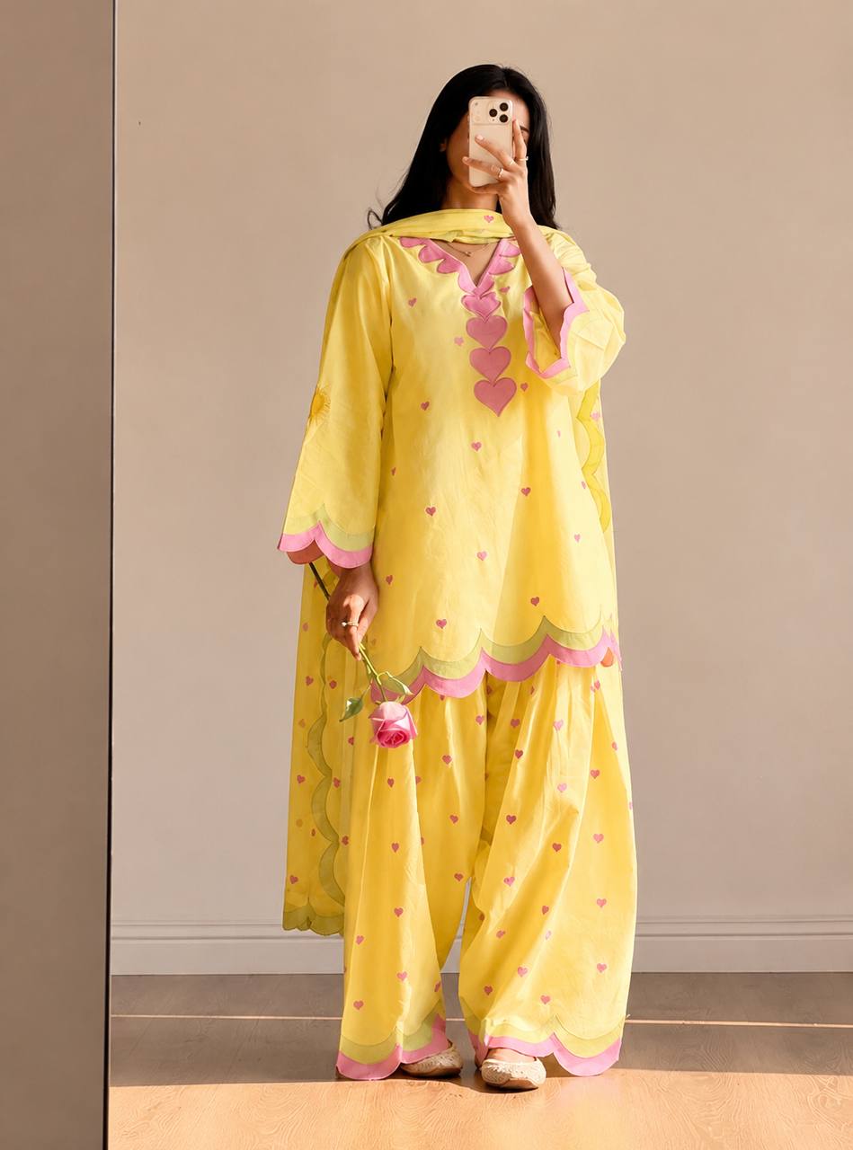 Lvory Pink Heart Work Suit with Dupatta Set