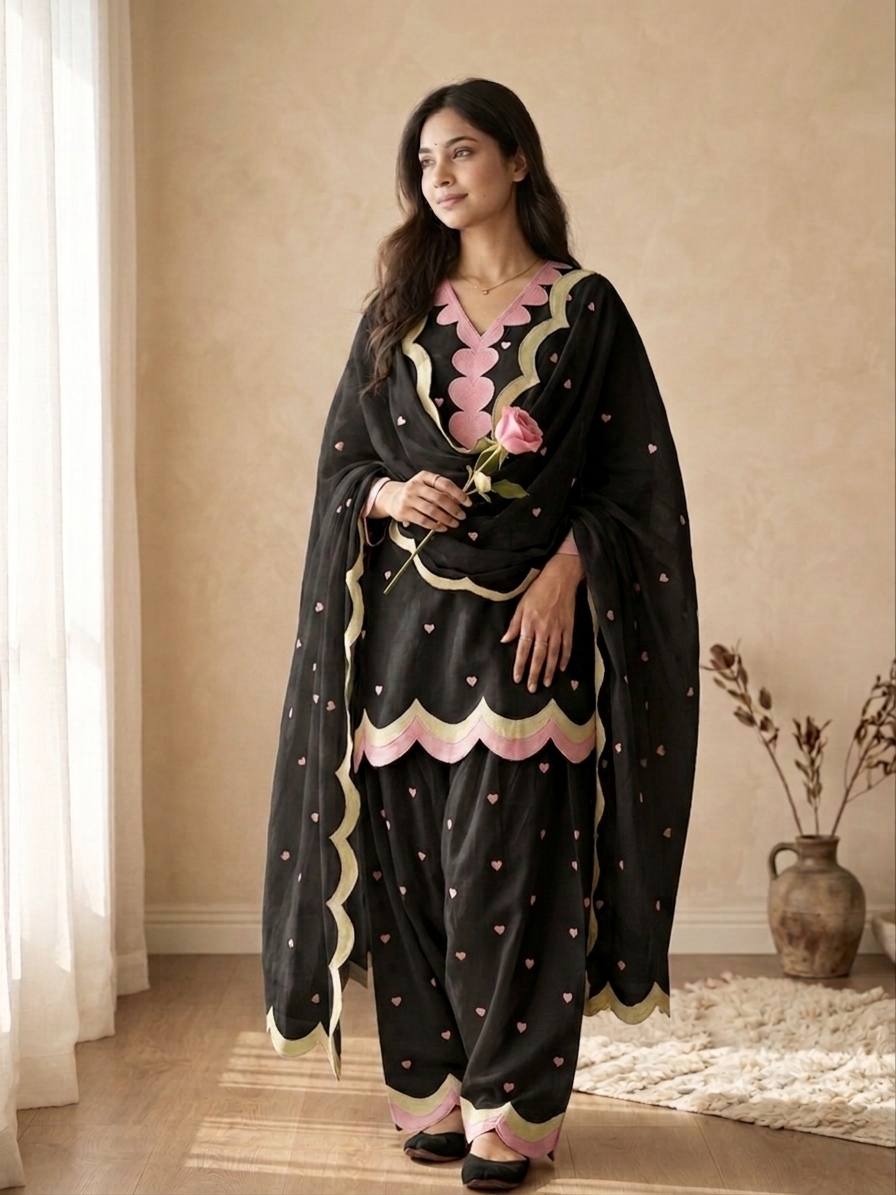 Lvory Pink Heart Work Suit with Dupatta Set