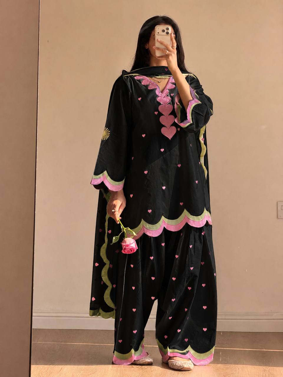 Lvory Pink Heart Work Suit with Dupatta Set