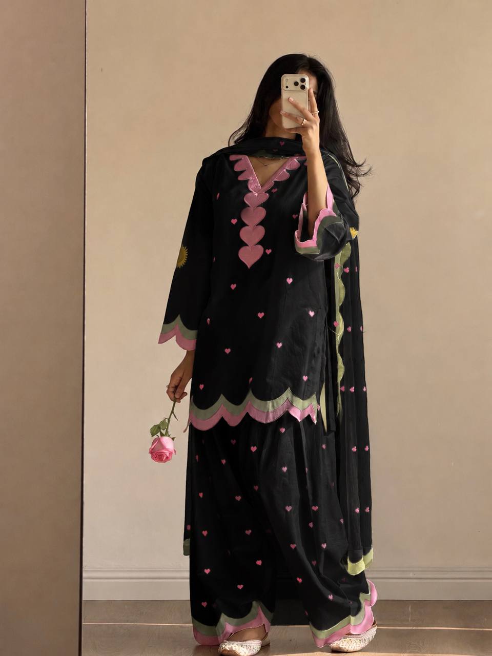Lvory Pink Heart Work Suit with Dupatta Set