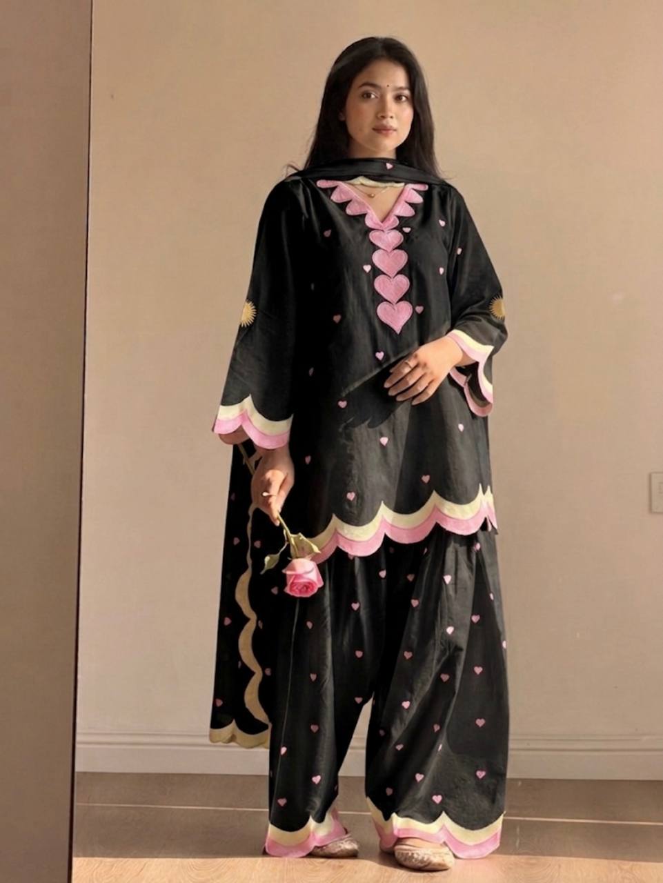 Lvory Pink Heart Work Suit with Dupatta Set