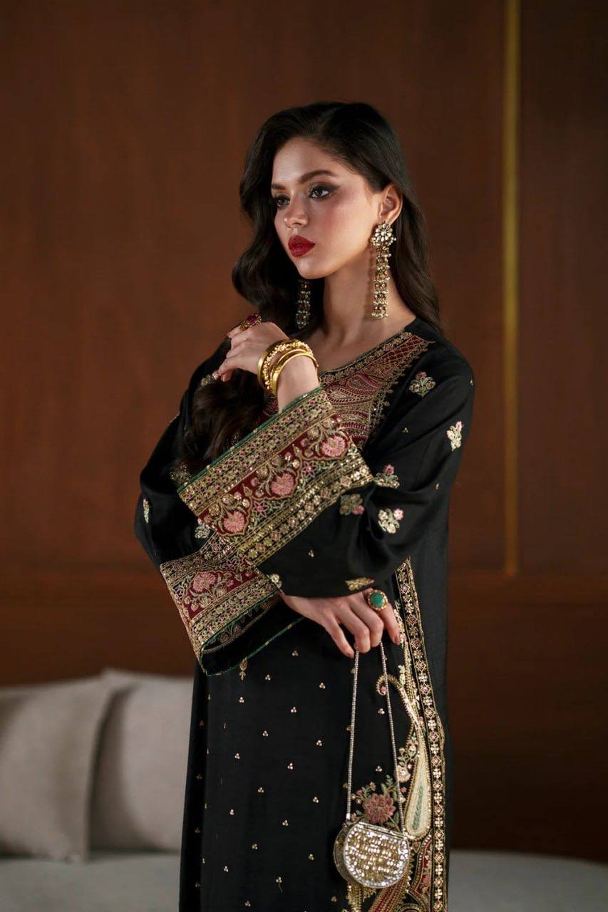 Opulent Black Gold Embroidered Dress Style