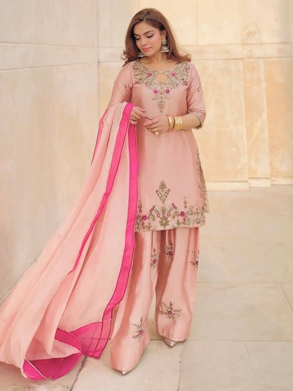 Stunning Pink Embroidered Suit with Dupatta