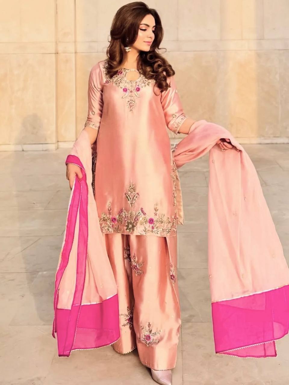 Stunning Pink Embroidered Suit with Dupatta