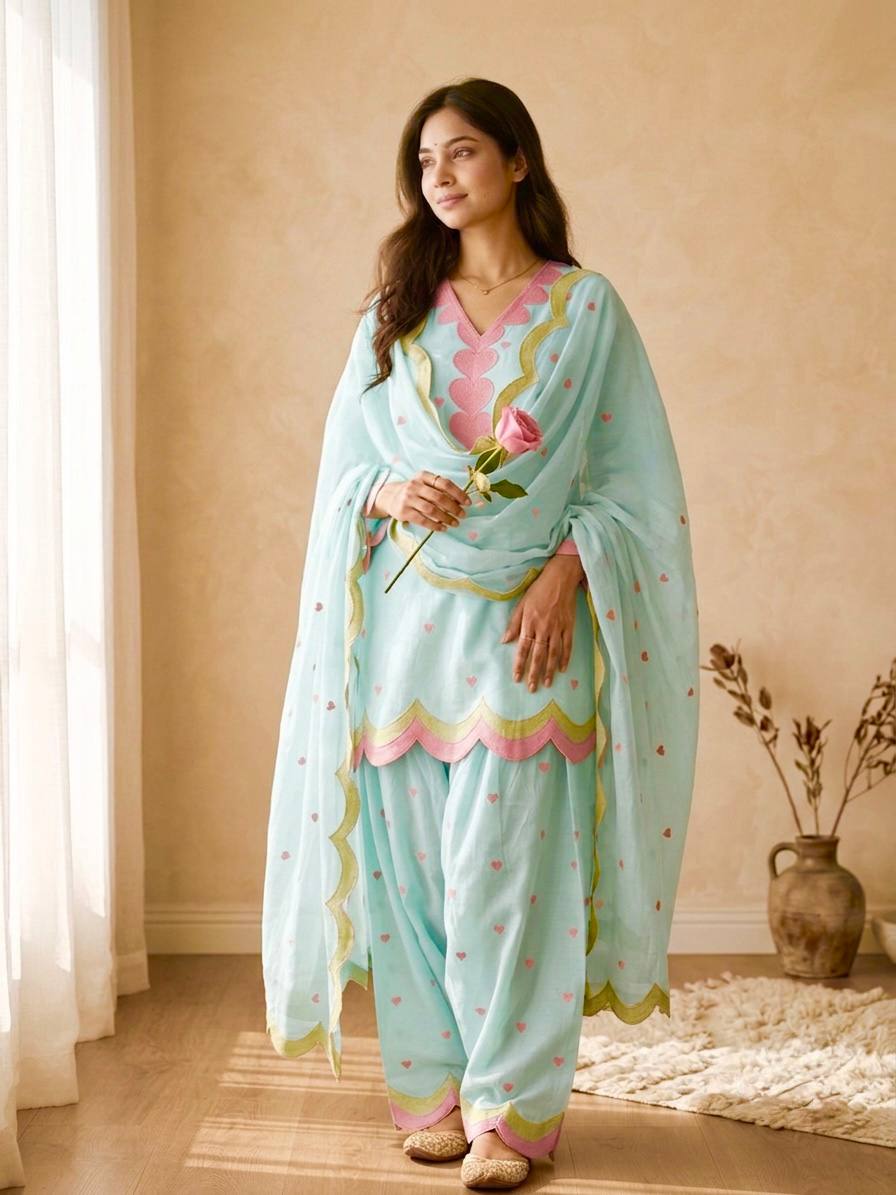 Lvory Pink Heart Work Suit with Dupatta Set
