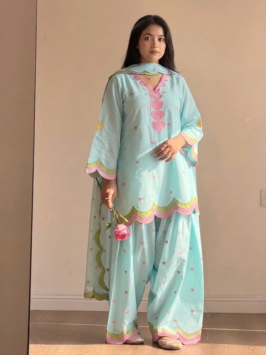 Lvory Pink Heart Work Suit with Dupatta Set