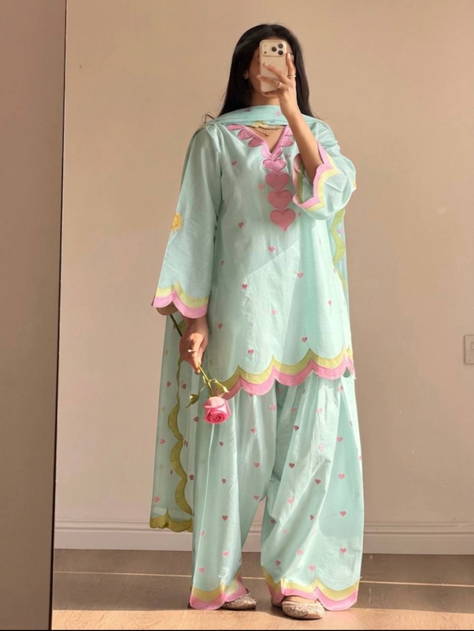 Lvory Pink Heart Work Suit with Dupatta Set