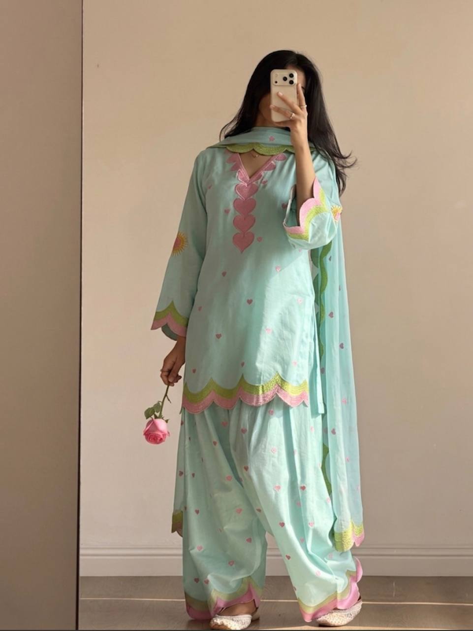 Lvory Pink Heart Work Suit with Dupatta Set