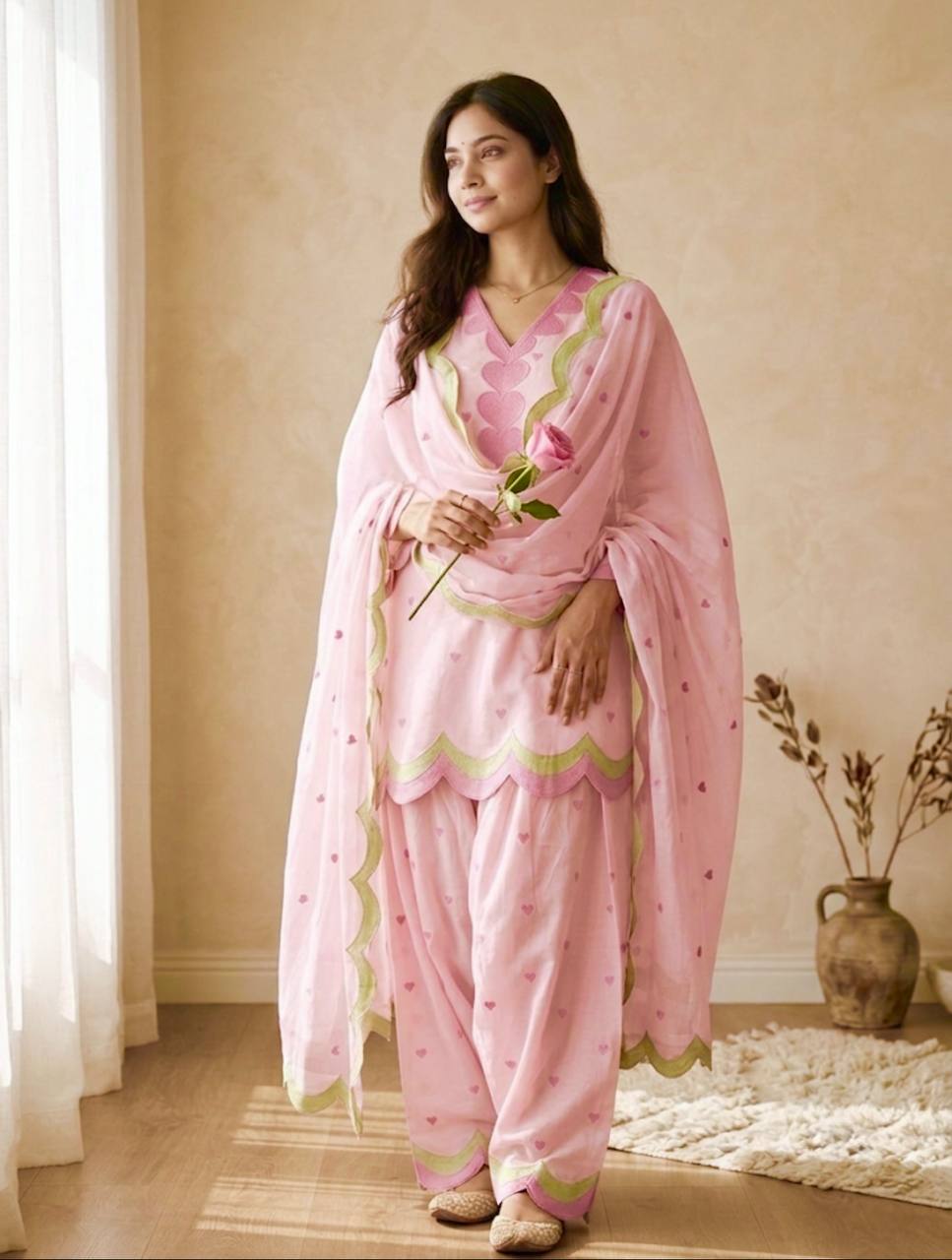 Lvory Pink Heart Work Suit with Dupatta Set