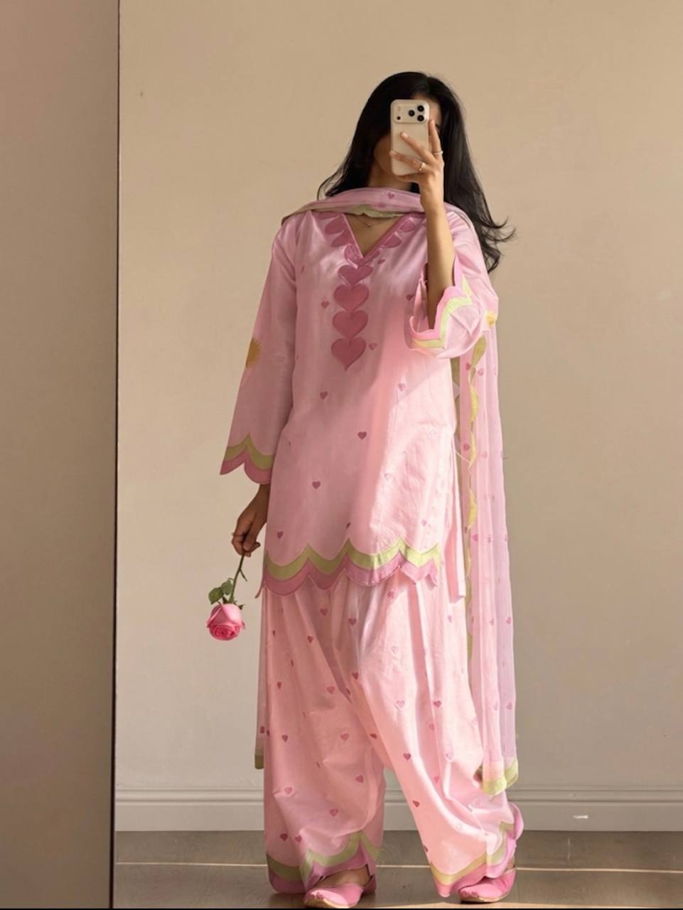 Lvory Pink Heart Work Suit with Dupatta Set