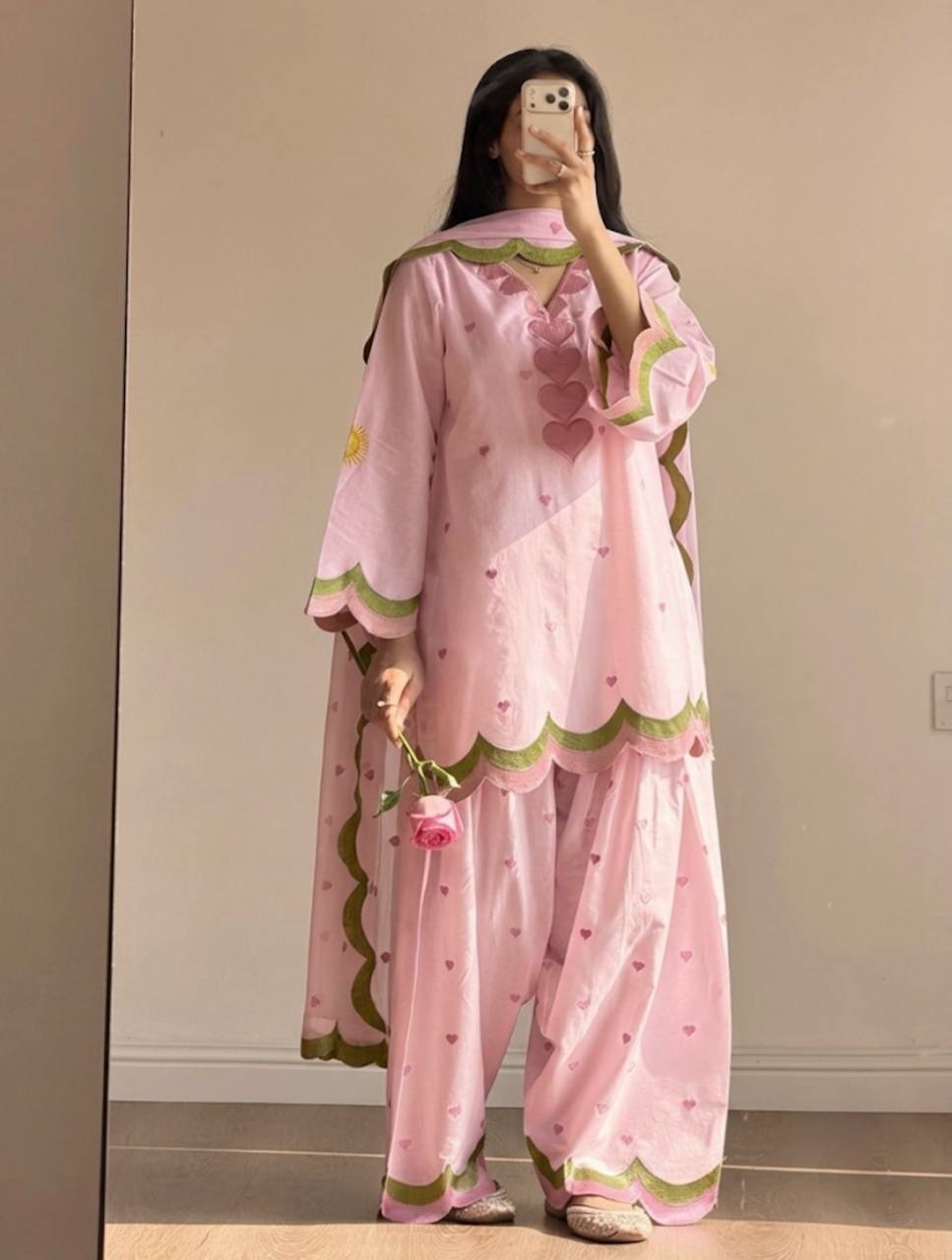 Lvory Pink Heart Work Suit with Dupatta Set