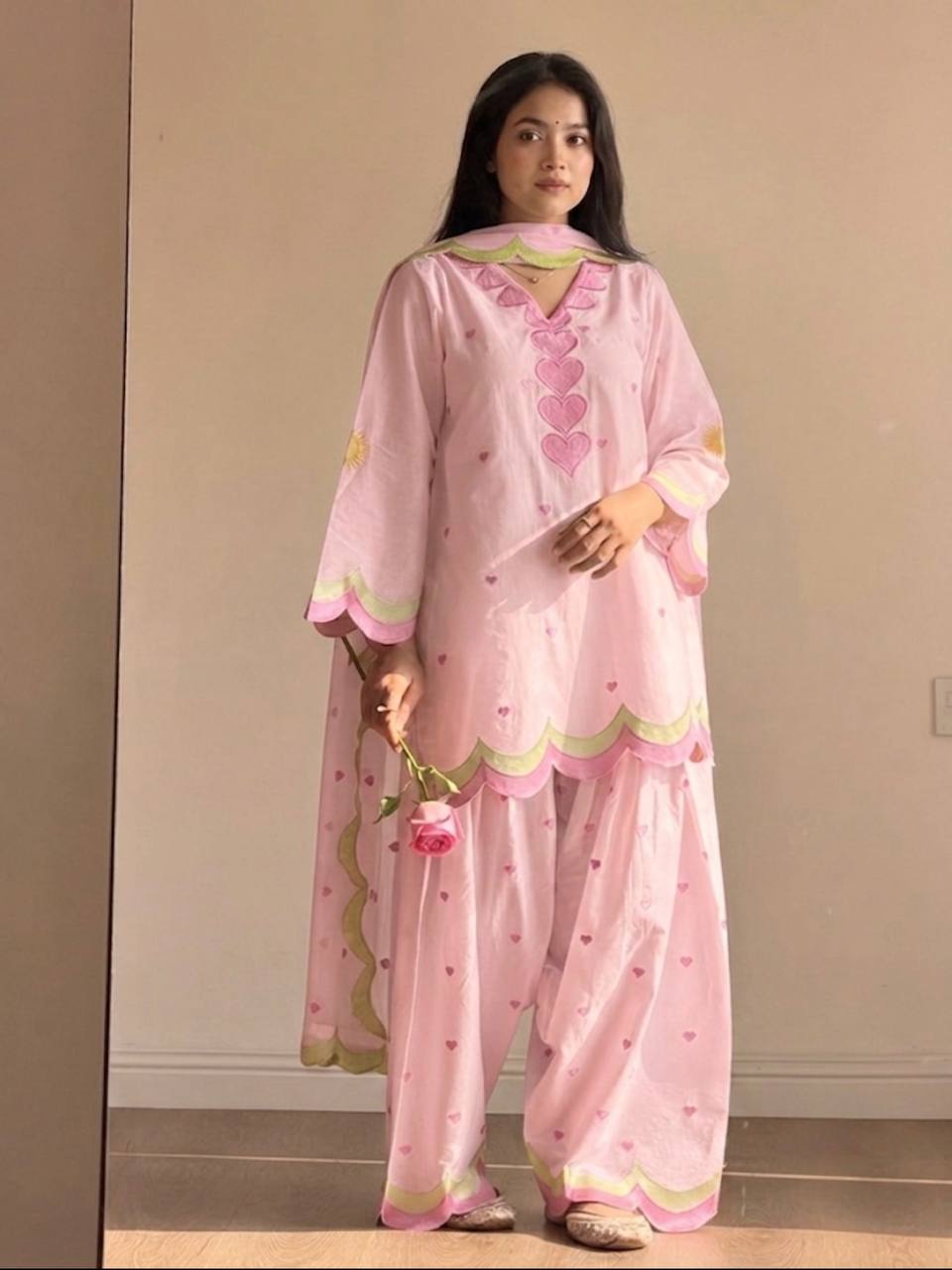 Lvory Pink Heart Work Suit with Dupatta Set