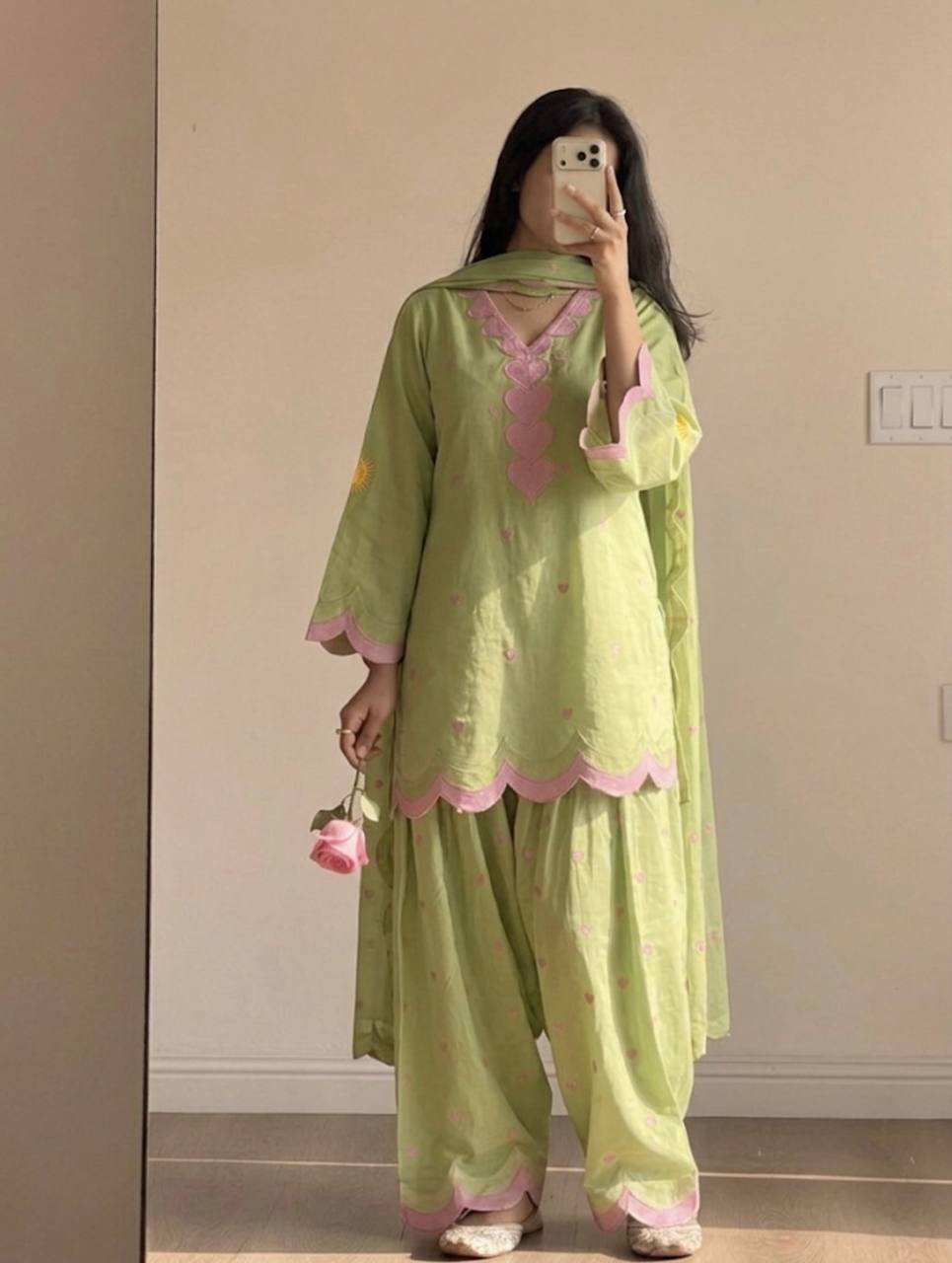 Lvory Pink Heart Work Suit with Dupatta Set