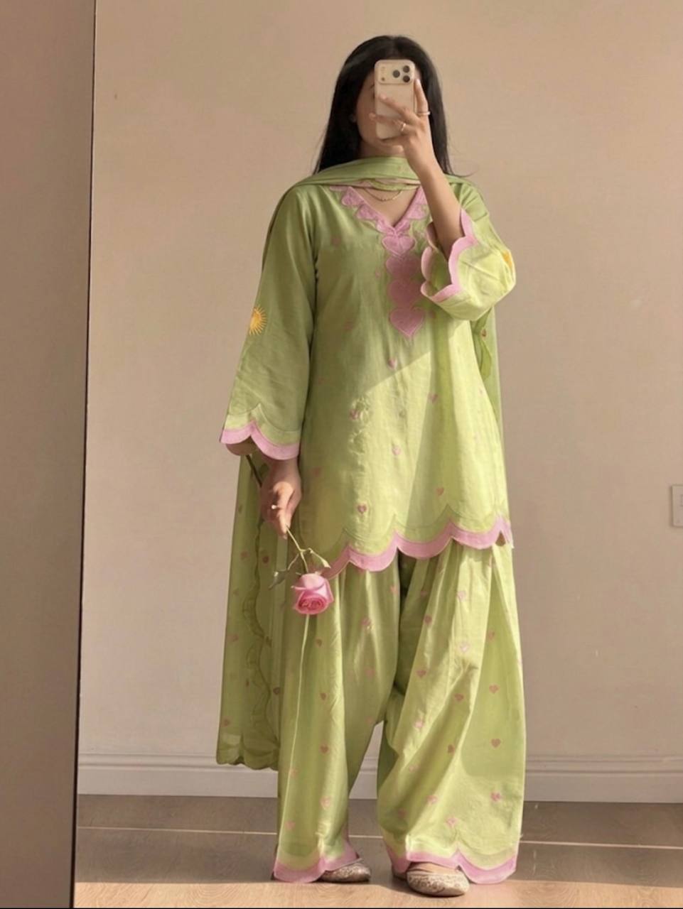 Lvory Pink Heart Work Suit with Dupatta Set