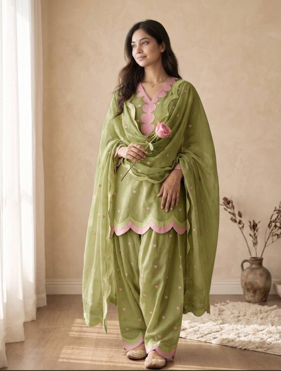 Lvory Pink Heart Work Suit with Dupatta Set