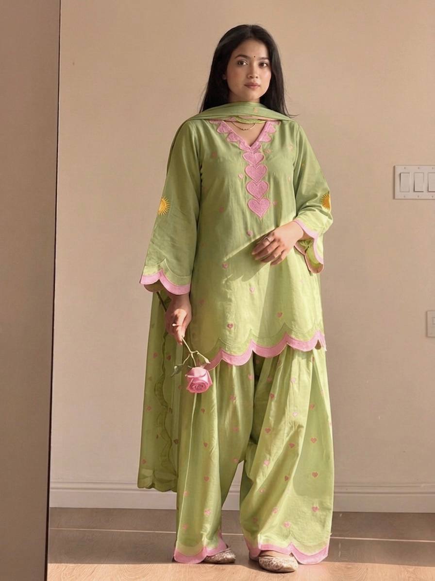 Lvory Pink Heart Work Suit with Dupatta Set