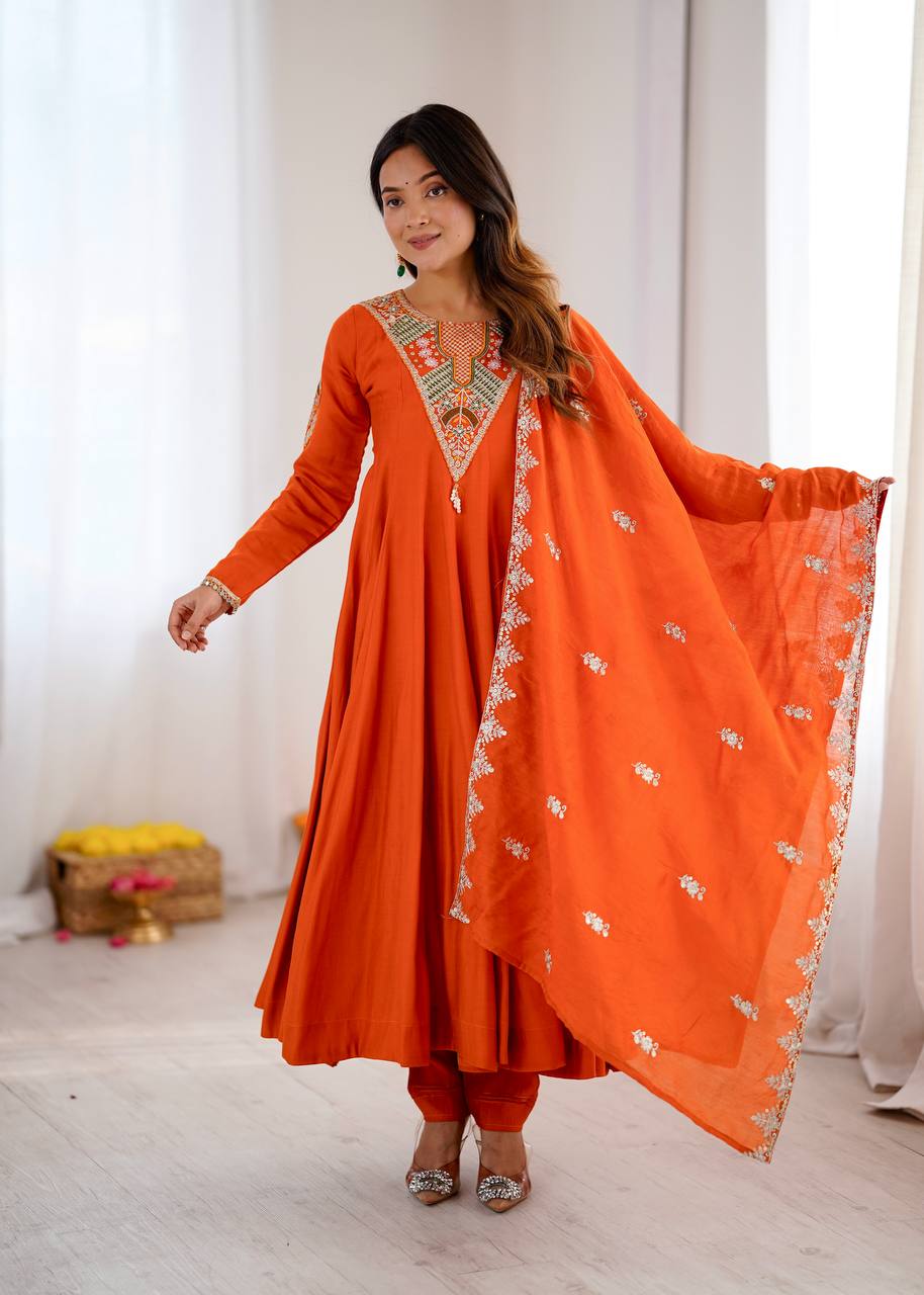 Stunning Orange Anarkali Embroidered Grace Redefined
