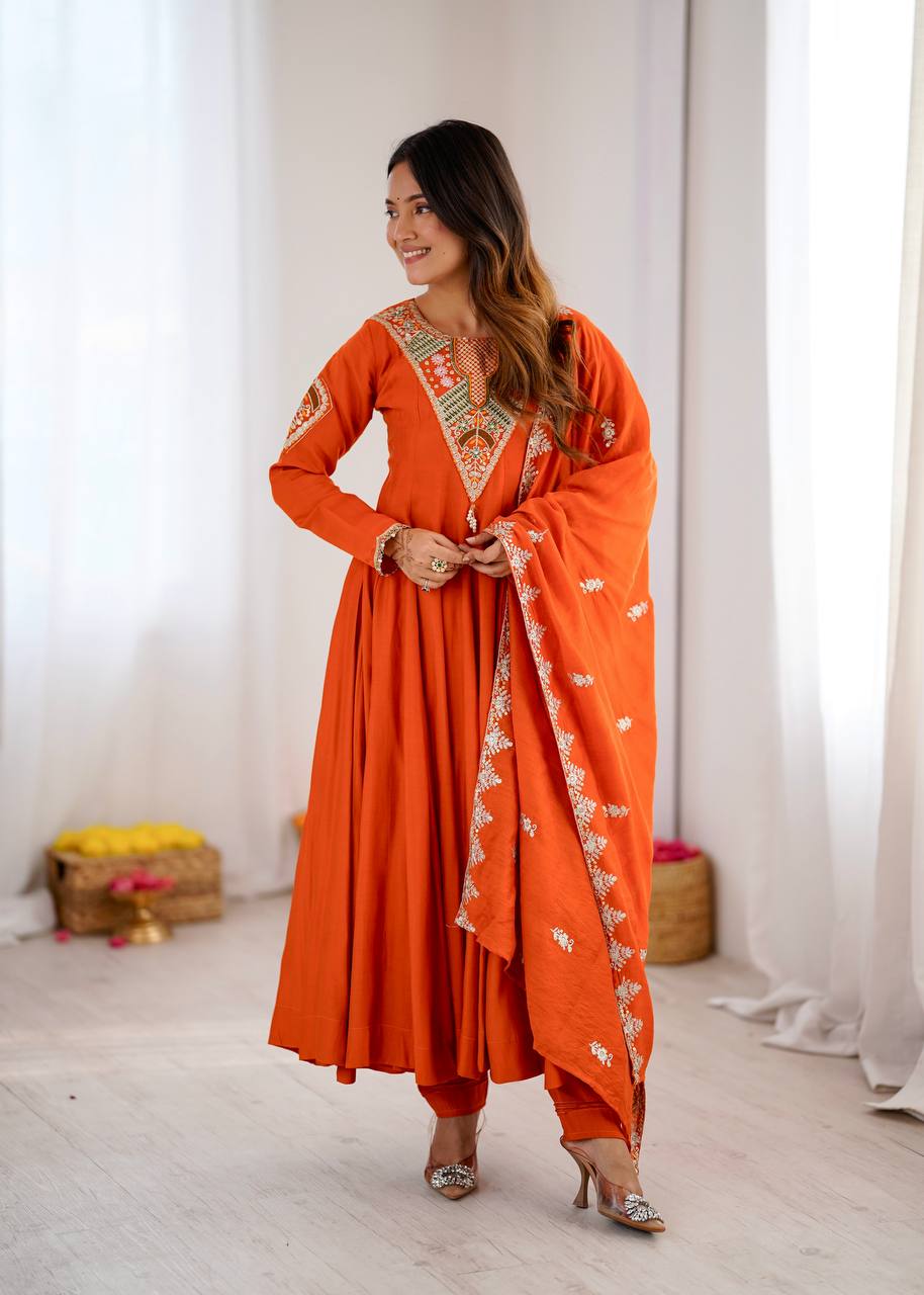 Stunning Orange Anarkali Embroidered Grace Redefined