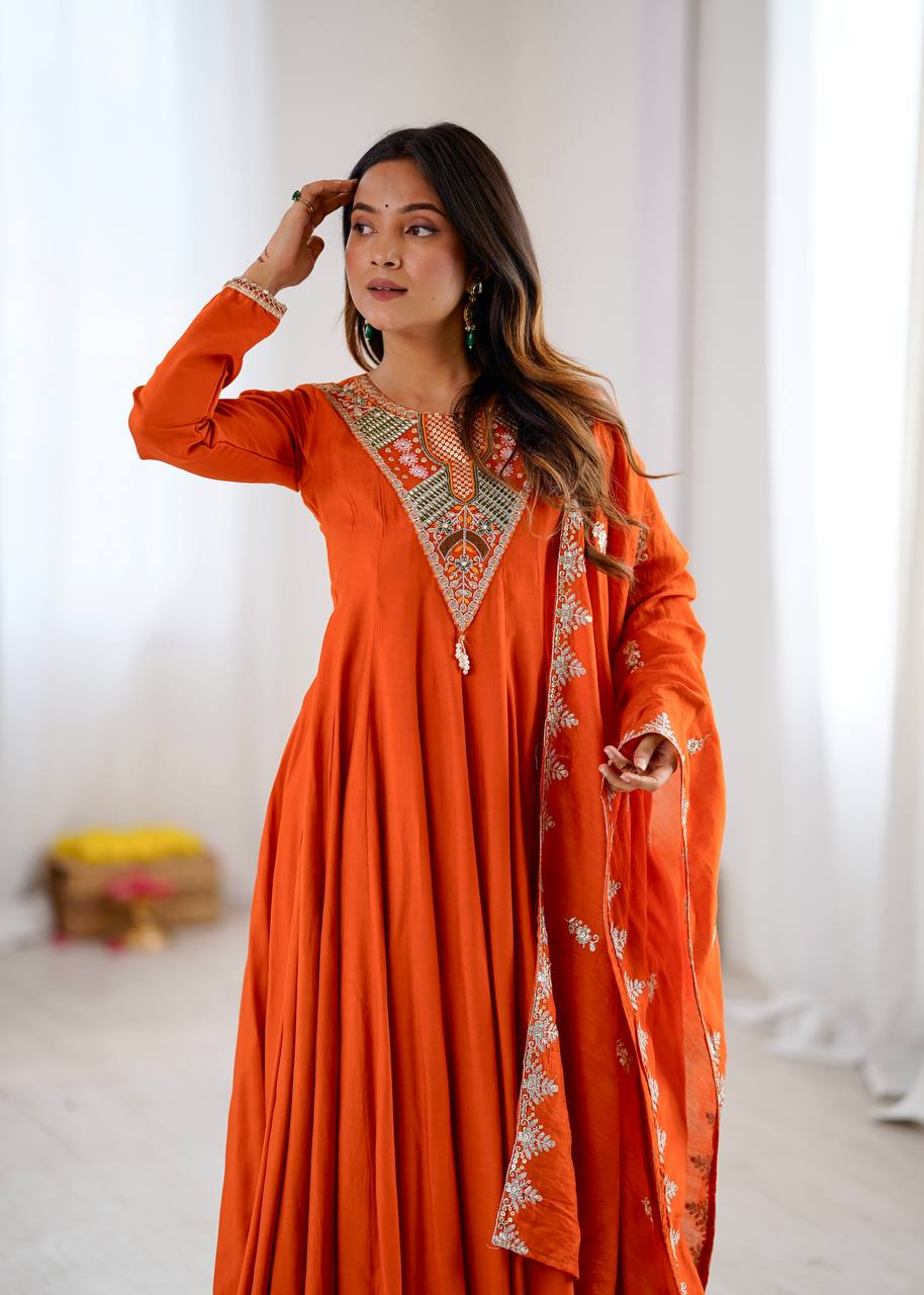 Stunning Orange Anarkali Embroidered Grace Redefined