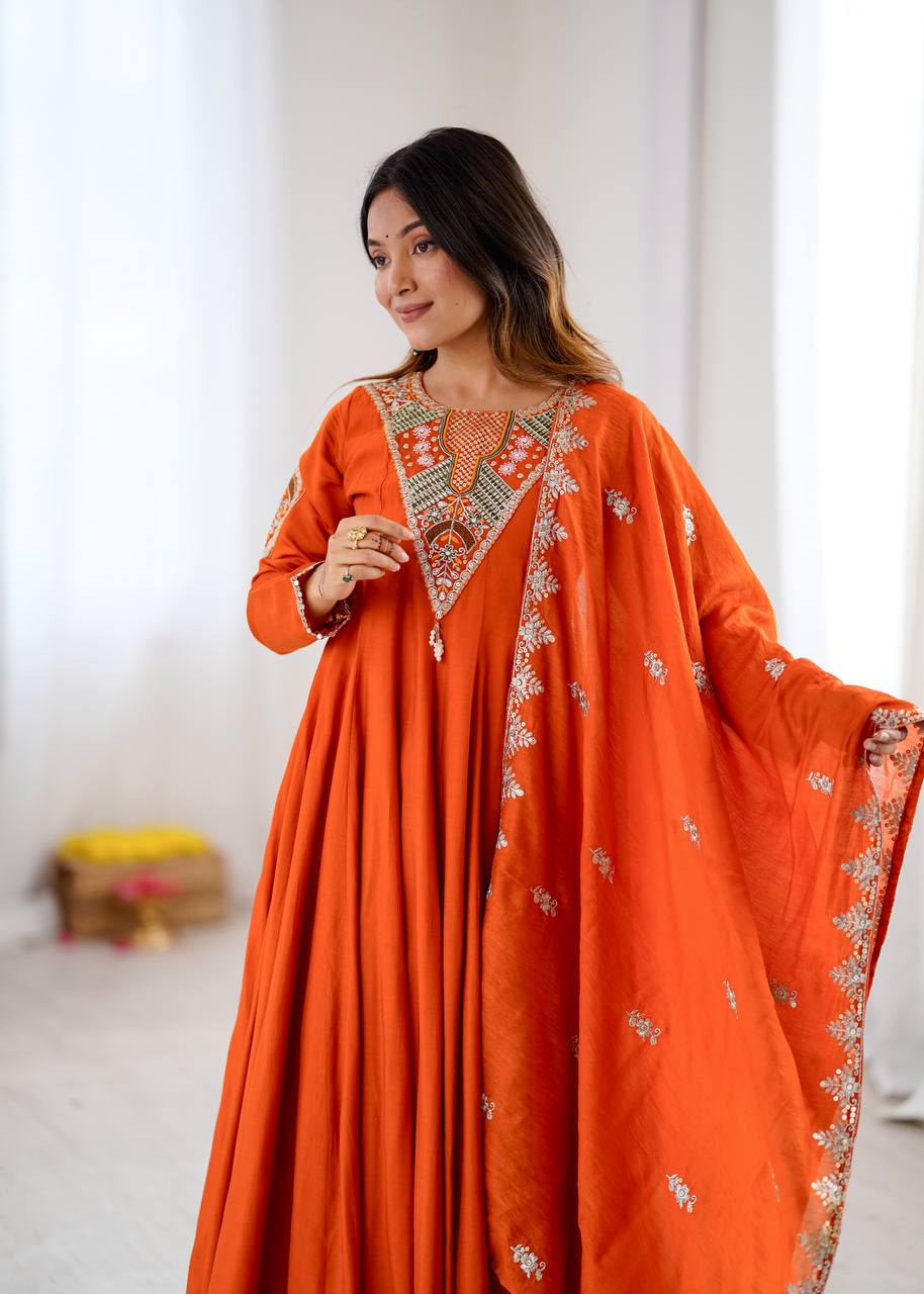 Stunning Orange Anarkali Embroidered Grace Redefined