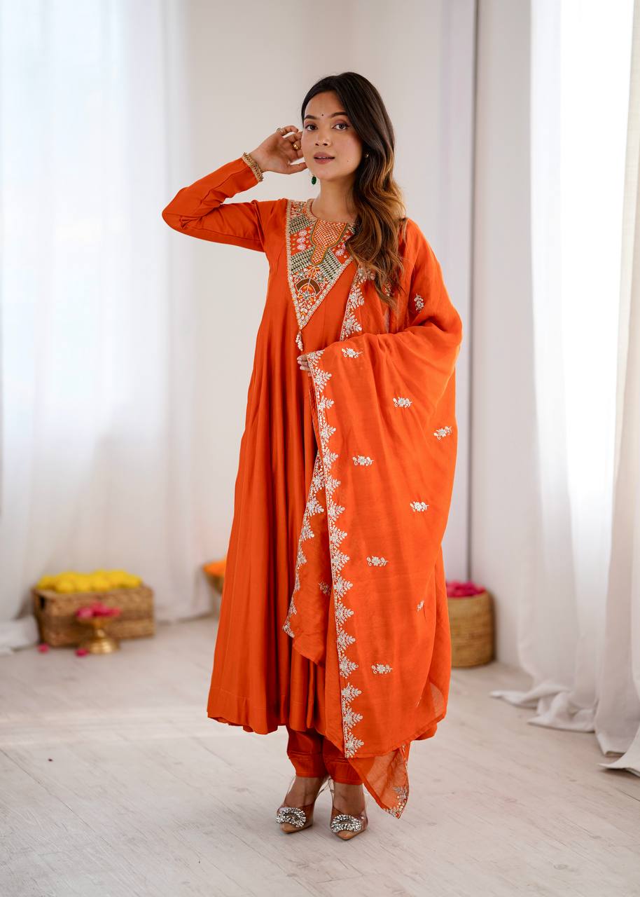 Stunning Orange Anarkali Embroidered Grace Redefined