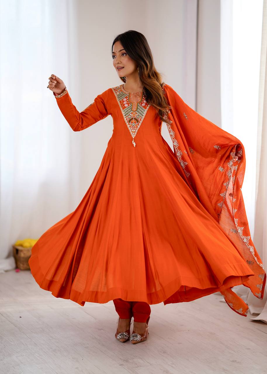 Stunning Orange Anarkali Embroidered Grace Redefined
