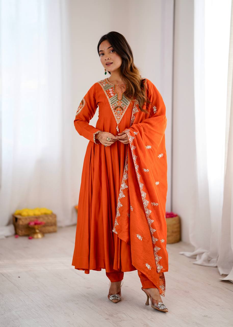Stunning Orange Anarkali Embroidered Grace Redefined
