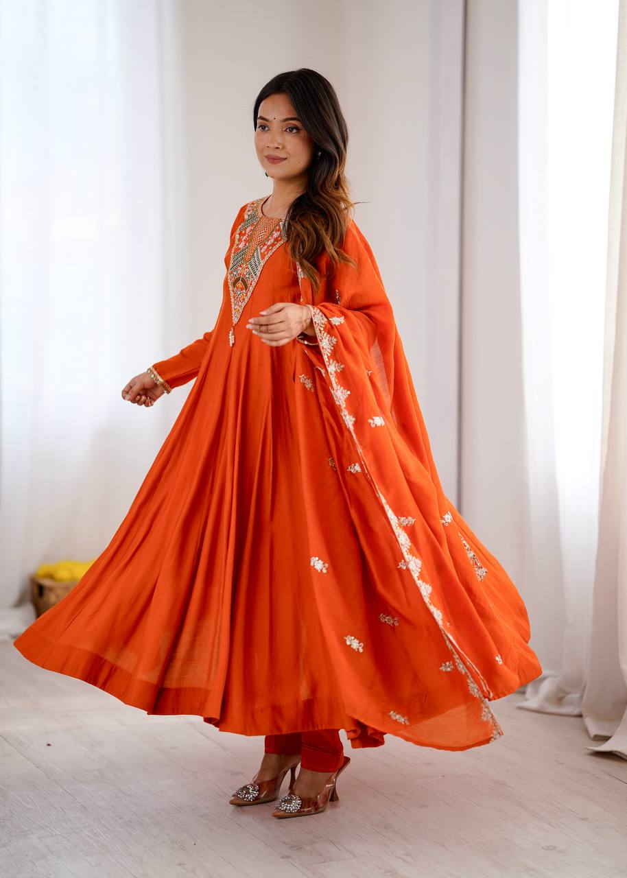 Stunning Orange Anarkali Embroidered Grace Redefined