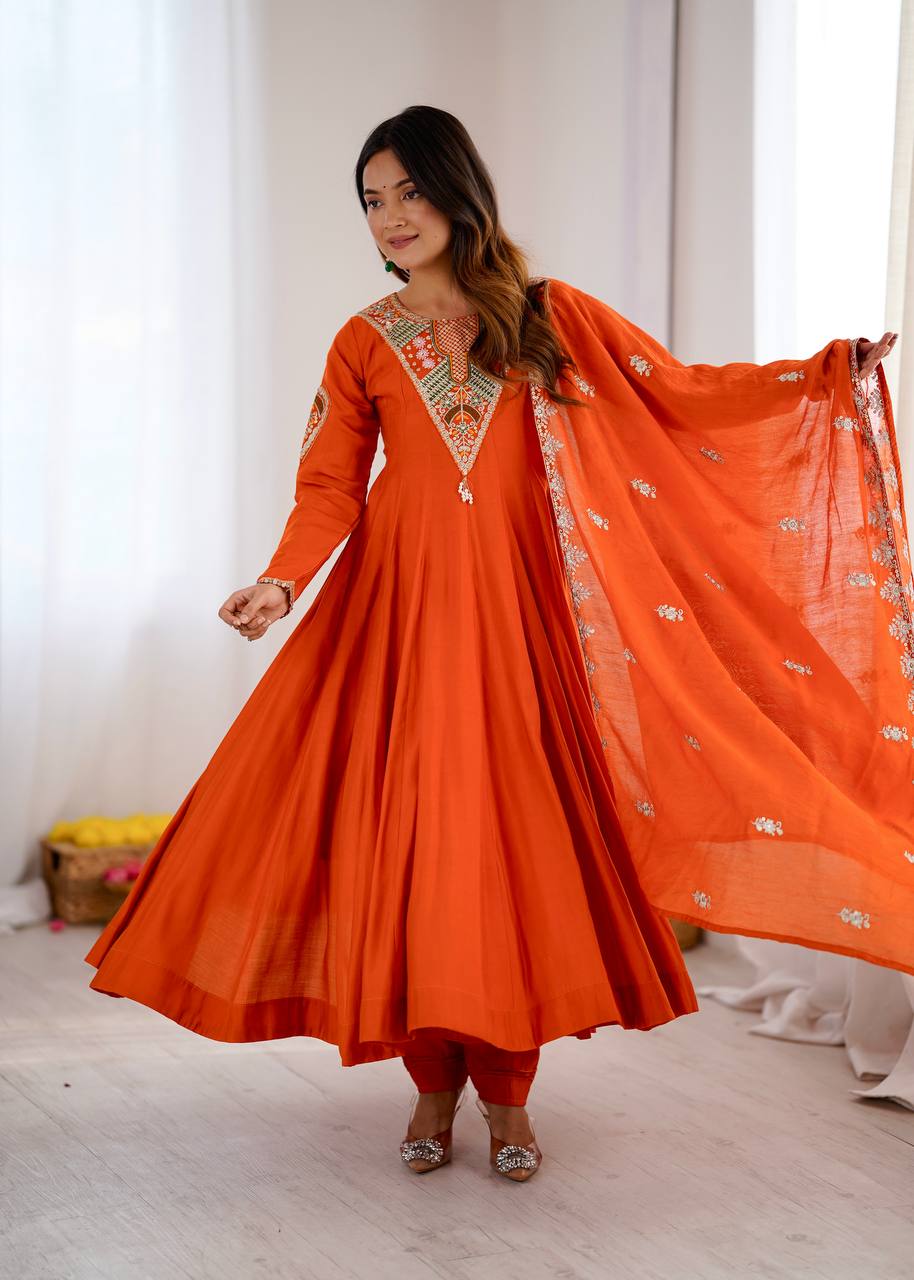 Stunning Orange Anarkali Embroidered Grace Redefined