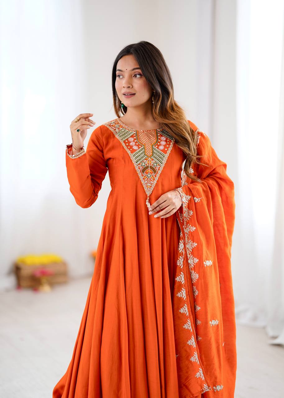 Stunning Orange Anarkali Embroidered Grace Redefined