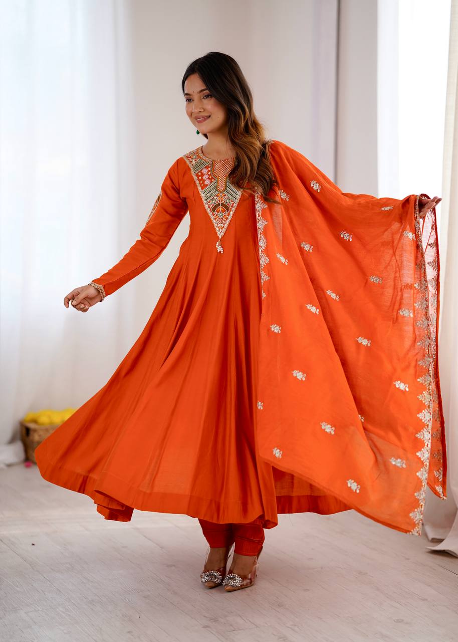 Stunning Orange Anarkali Embroidered Grace Redefined