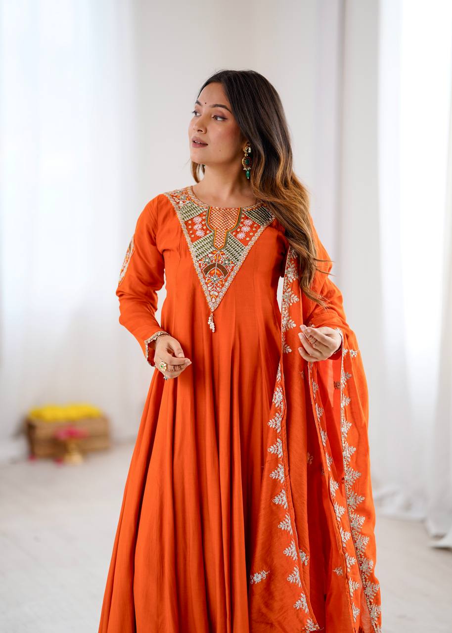 Stunning Orange Anarkali Embroidered Grace Redefined