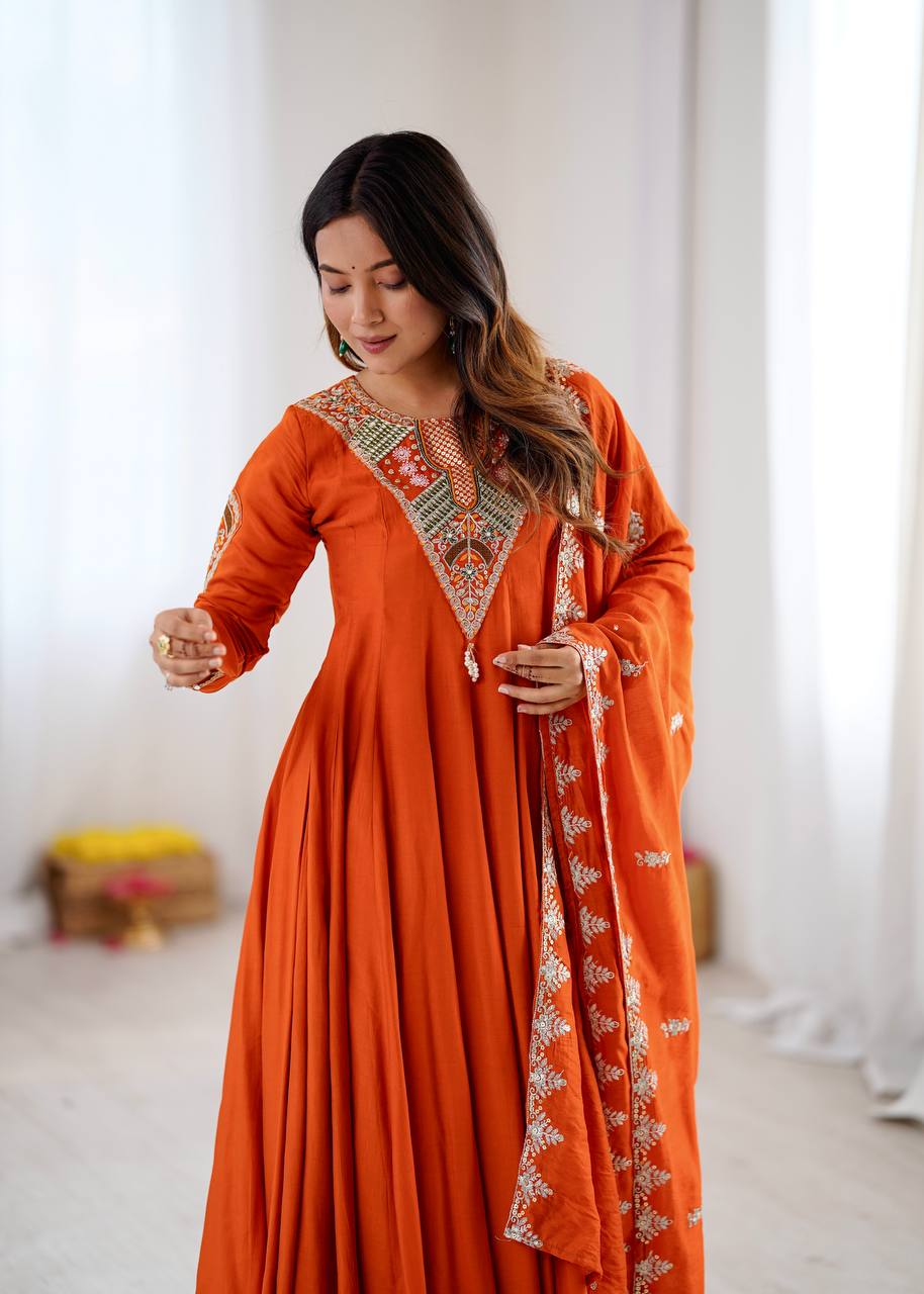 Stunning Orange Anarkali Embroidered Grace Redefined