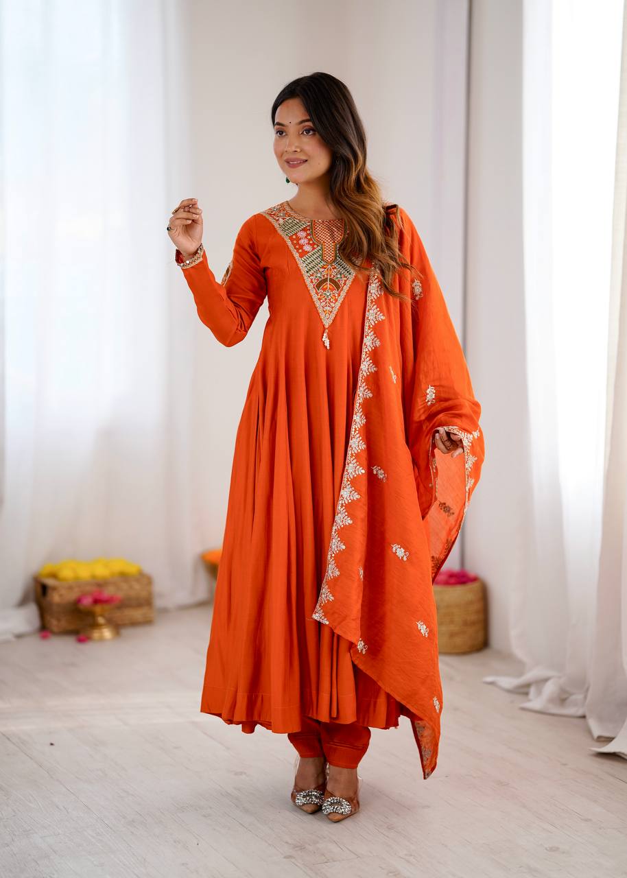 Stunning Orange Anarkali Embroidered Grace Redefined