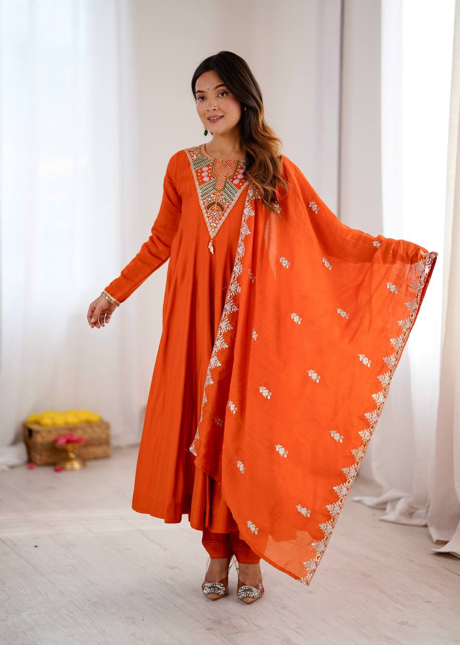 Stunning Orange Anarkali Embroidered Grace Redefined