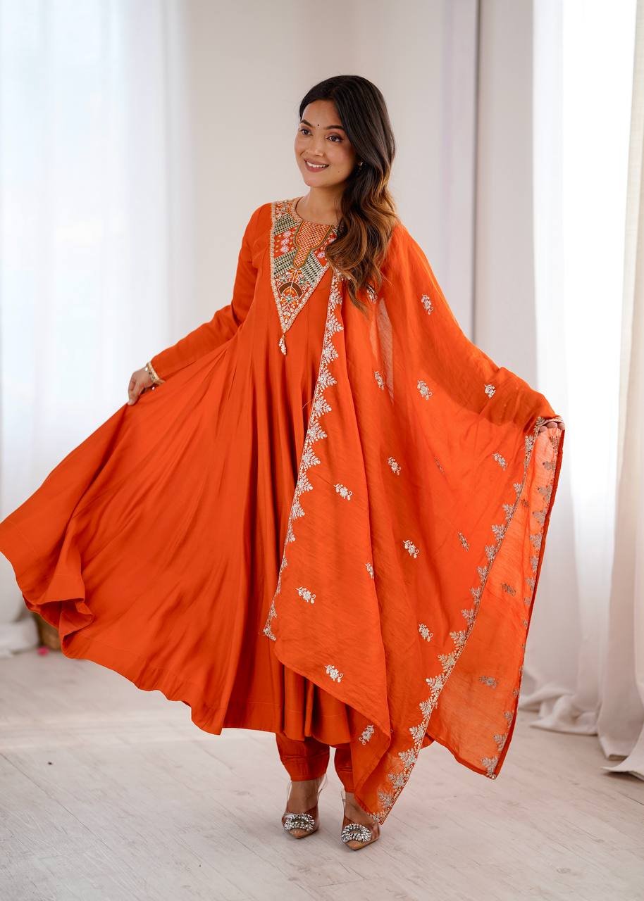 Stunning Orange Anarkali Embroidered Grace Redefined