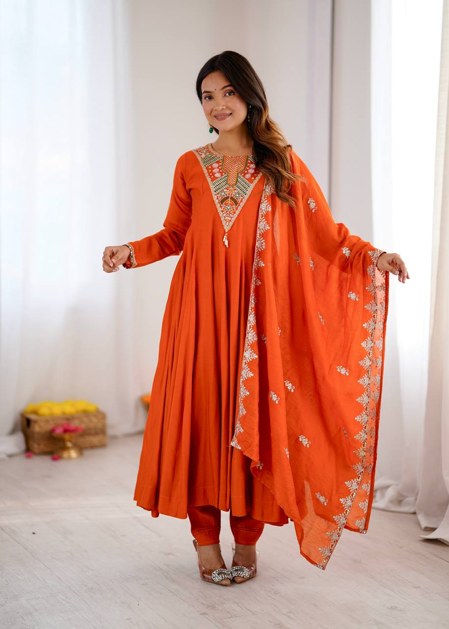 Stunning Orange Anarkali Embroidered Grace Redefined