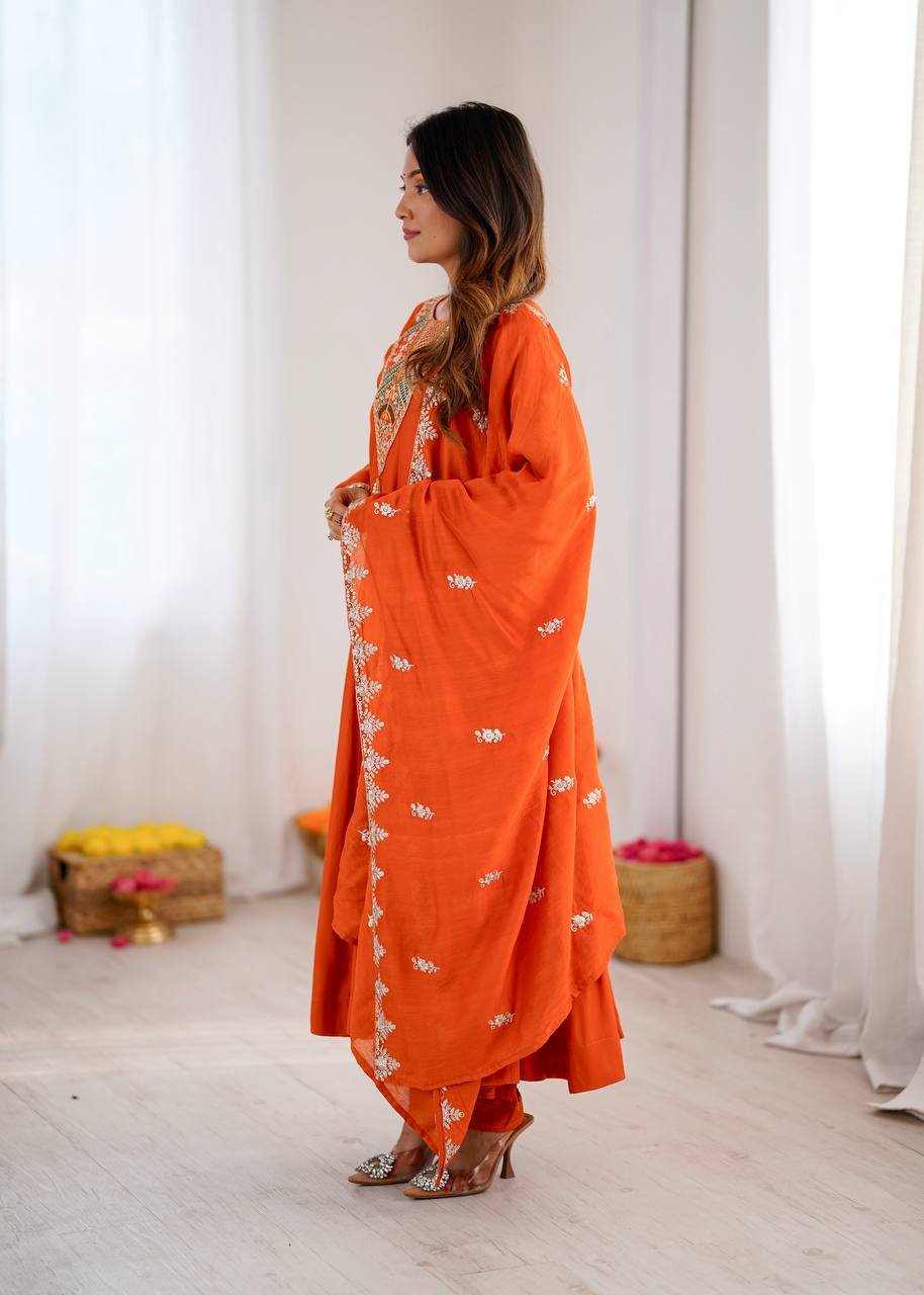 Stunning Orange Anarkali Embroidered Grace Redefined