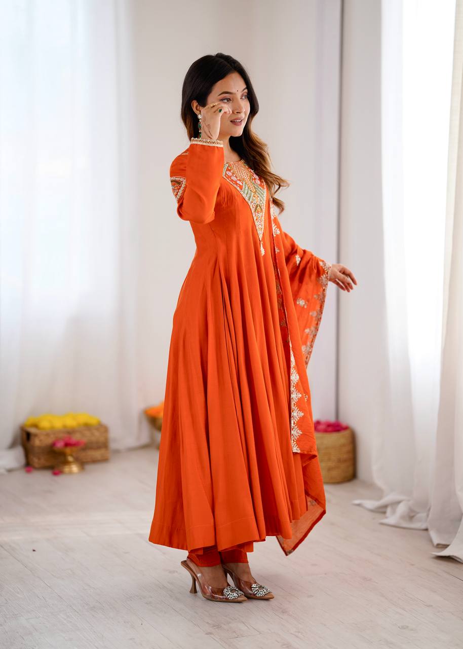 Stunning Orange Anarkali Embroidered Grace Redefined