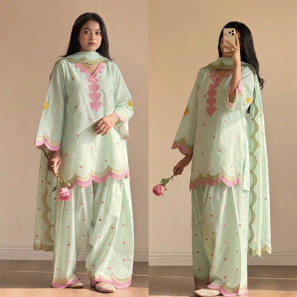 Lvory Pink Heart Work Suit with Dupatta Set