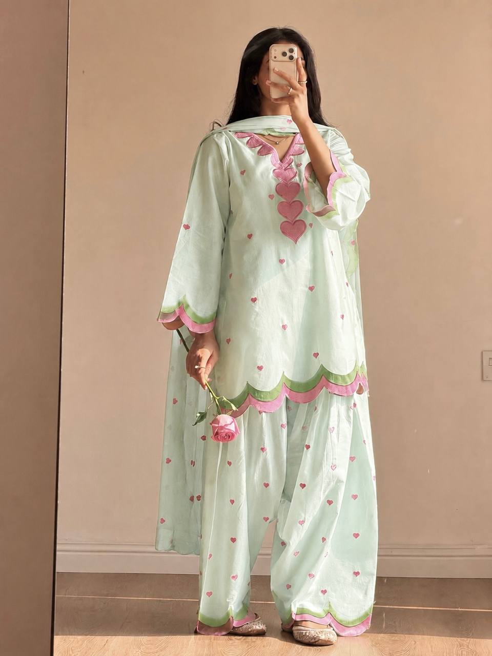 Lvory Pink Heart Work Suit with Dupatta Set